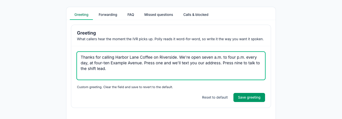 The Greeting tab of a location's AI receptionist in Mays, with a custom greeting for a test café that gives the opening hours and street address and tells callers to press 1 for the address by text or 9 for the shift lead, and a Save greeting button