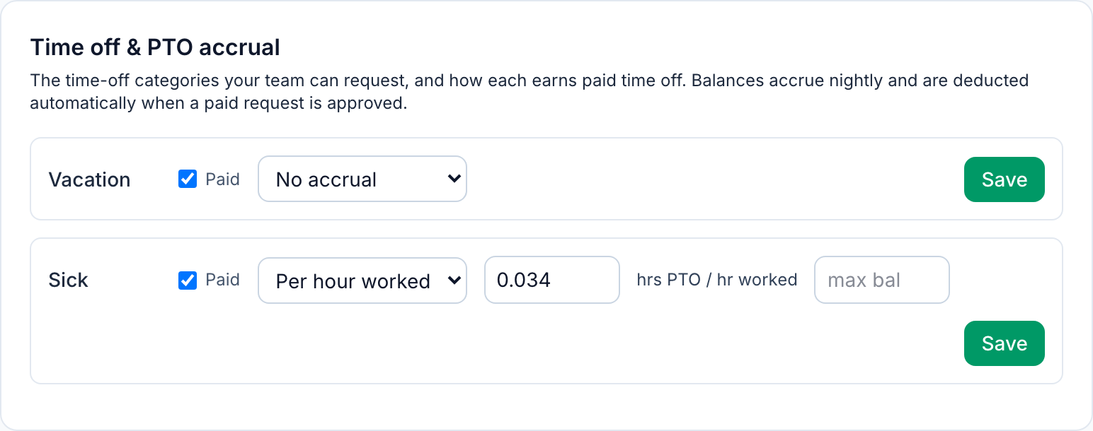 The Time off & PTO accrual settings in Mays: the Vacation category with no accrual, and the Sick category set to accrue per hour worked