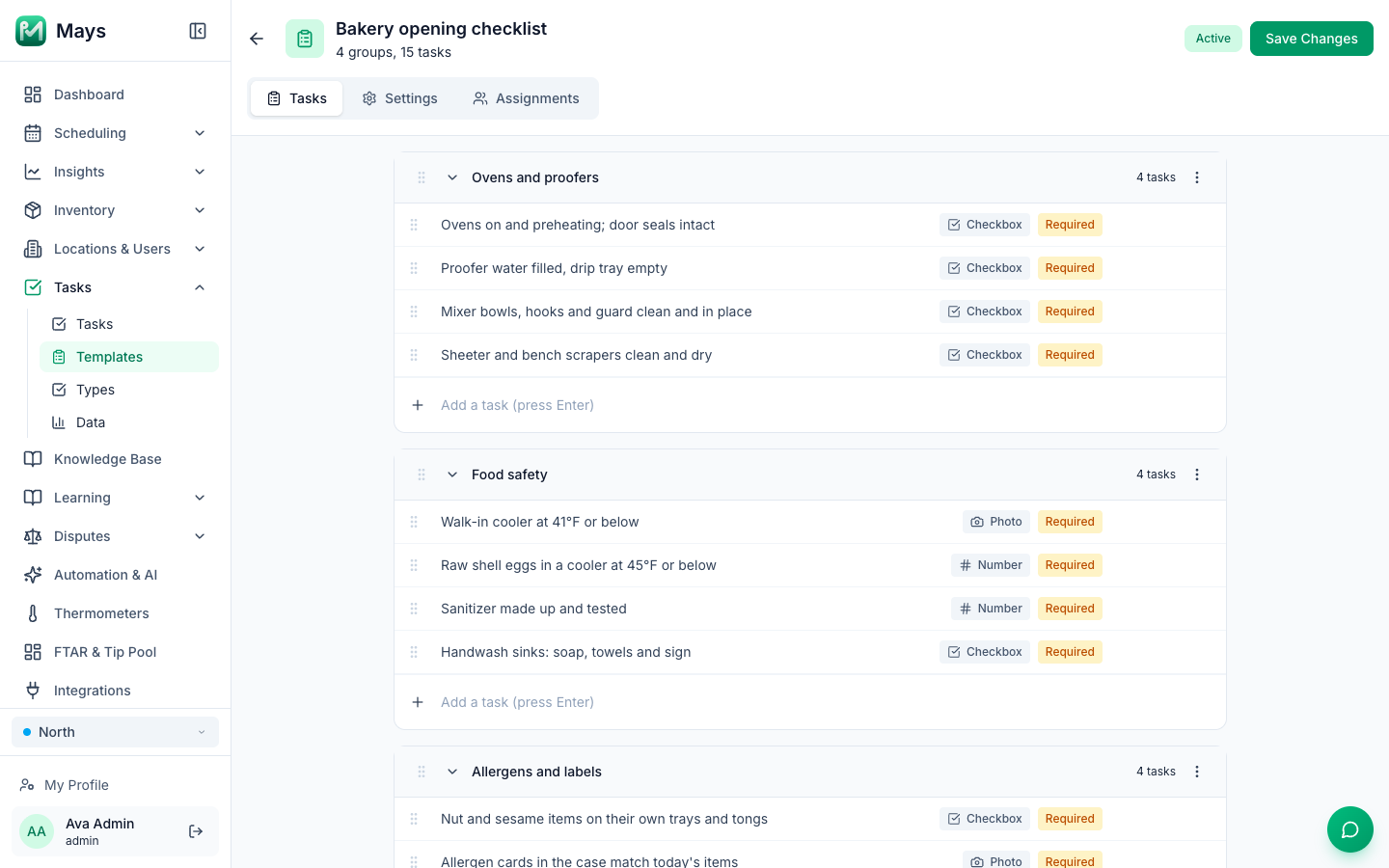 The Bakery opening checklist in the Mays template editor, with Ovens and proofers, Food safety and Allergens and labels groups and a Photo, Number or Checkbox answer on every task