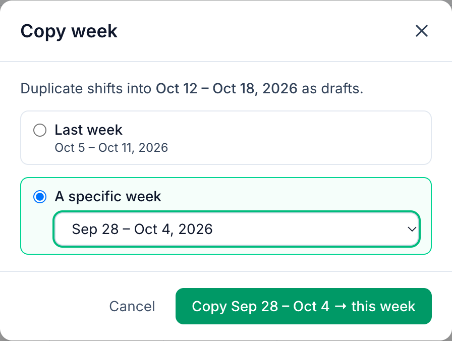 The Copy week window of the Mays schedule for a Berkeley location: an earlier week's shifts copied as drafts into a week two weeks ahead, so the schedule can be built and posted early
