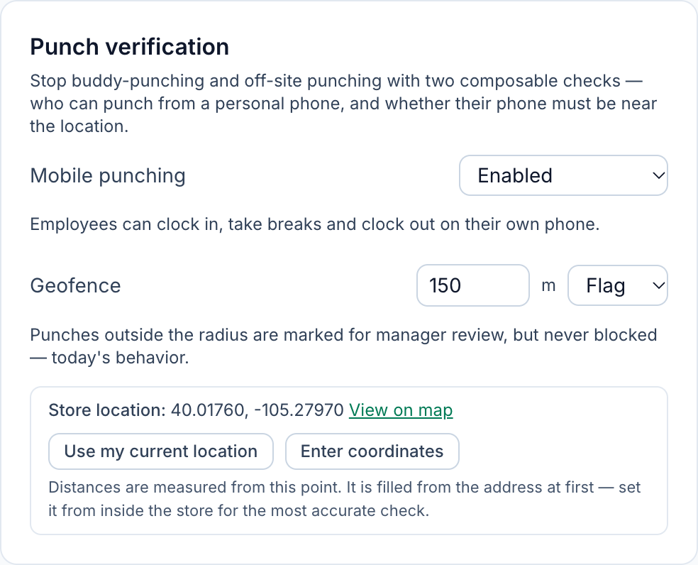 Punch verification for a Boulder location in Mays: clocking in from personal phones turned on, and a geofence around the store's coordinates that flags any punch made outside it for a manager's review