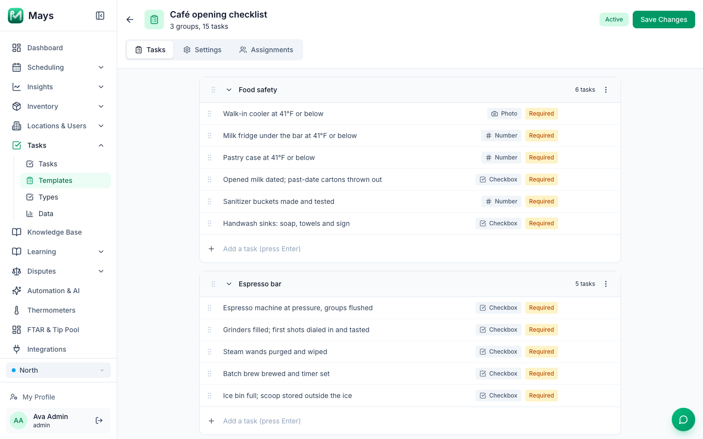 The Café opening checklist in the Mays template editor, with Food safety, Espresso bar and Front of house groups and a Photo, Number or Checkbox answer on every task
