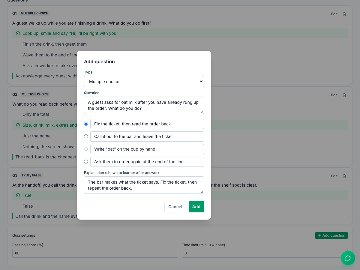 The Add question window in Mays on a draft training module, "Counter service: greet, order, hand off", with a multiple-choice question about a guest who asks for oat milk after the order is rung up, the right answer "Fix the ticket, then read the order back" selected, and an explanation for the learner