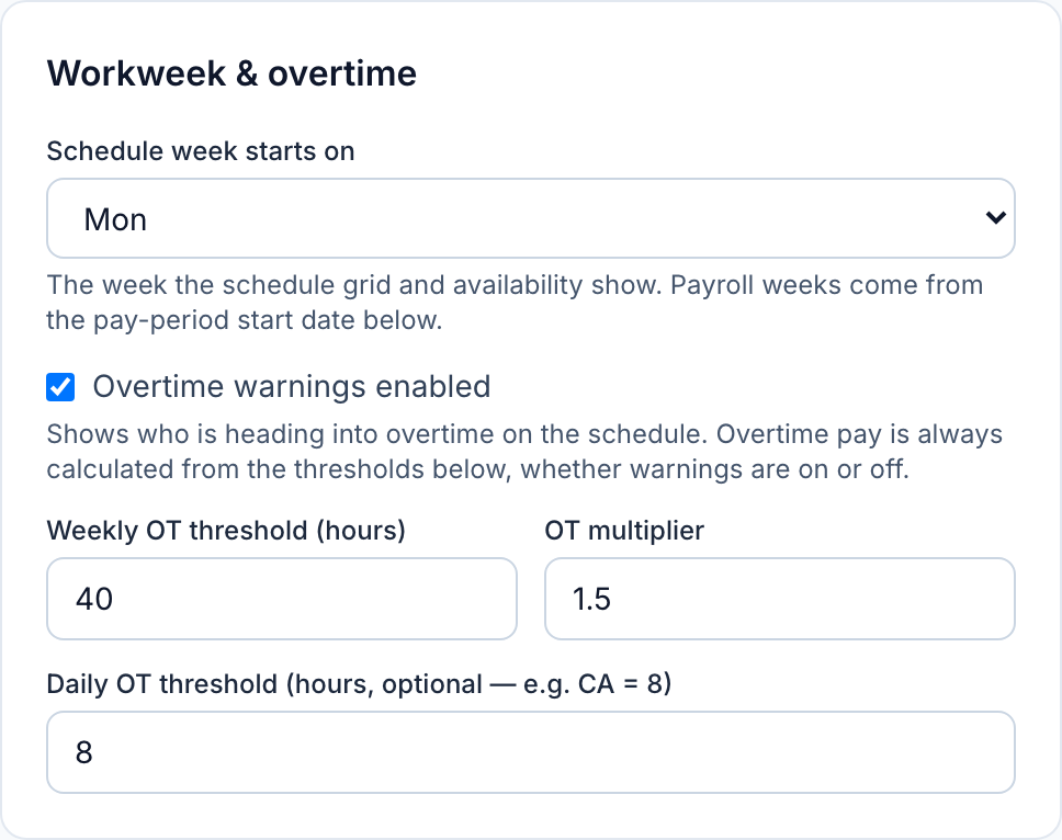 The Workweek & overtime settings in Mays: overtime after 40 hours a week at 1.5 times the rate, and a daily overtime threshold of 8 hours, California's daily rule