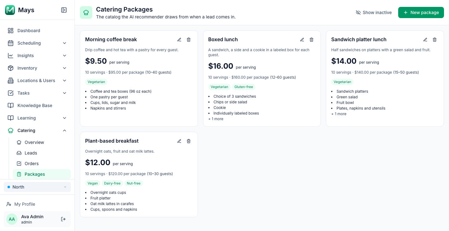 The Catering Packages page in Mays with four sample packages from a test account, a morning coffee break, a boxed lunch, a sandwich platter lunch and a plant-based breakfast, each with a price per serving, a guest range, dietary tags and what's included