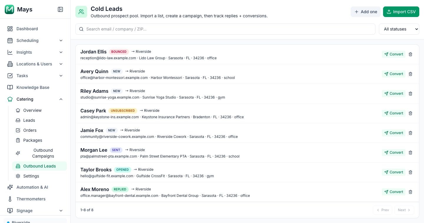 The Cold Leads page under Catering in Mays for a test café, with eight sample local prospects (offices, gyms and schools in Sarasota and Bradenton), each with a status such as New, Sent, Opened, Replied, Unsubscribed or Bounced, the suggested location and a Convert button