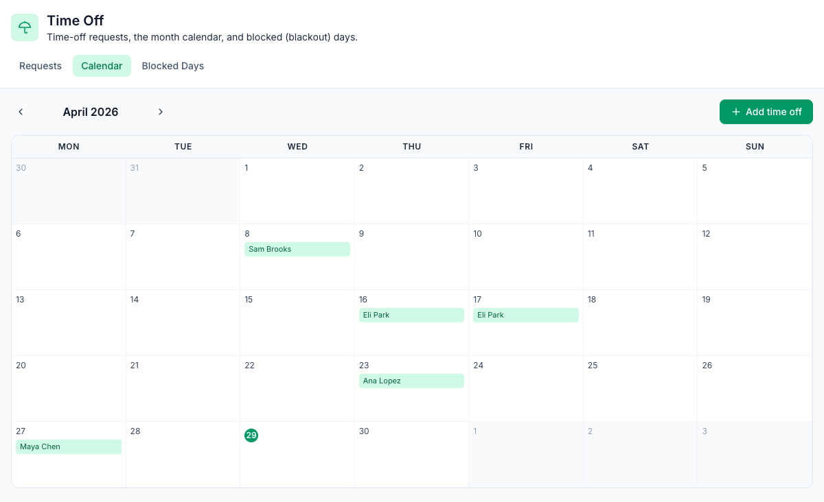The Time Off calendar in Mays for April 2026 at one location, with each approved day off marked under the employee's name