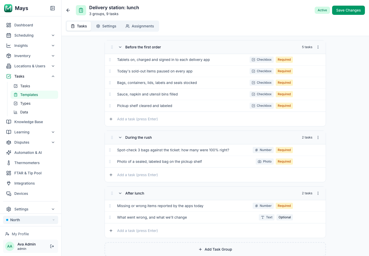 A checklist template in Mays called "Delivery station: lunch", with tasks to check tablets, pause sold-out items, stock bags and seals, spot-check three bags against the ticket, photograph a sealed bag and count missing or wrong items