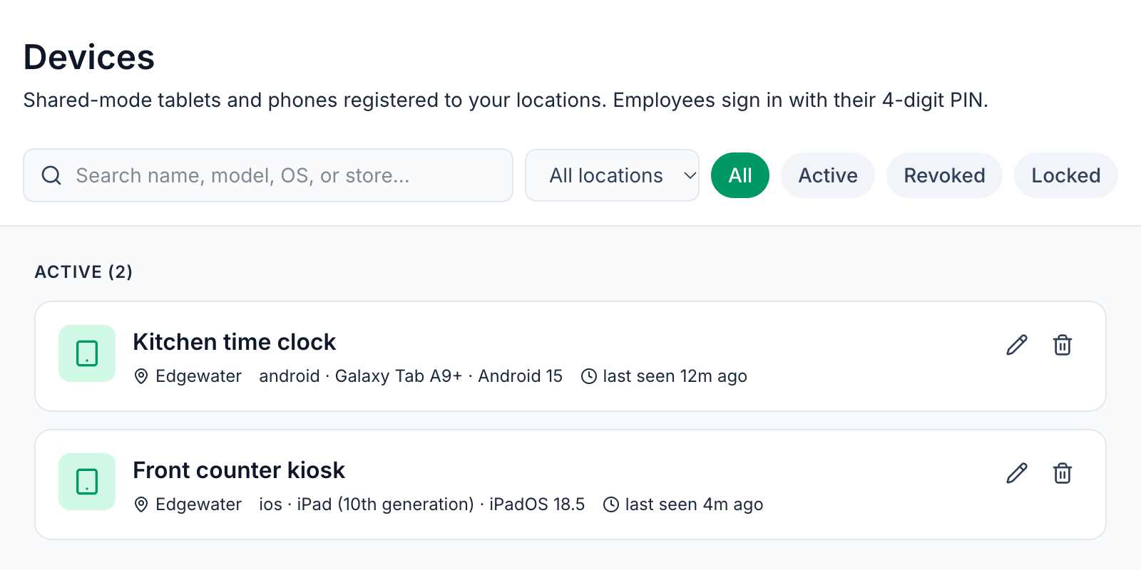 The Devices page in Mays with two shared time clocks registered to an Edgewater location, a tablet at the front counter and one in the kitchen, where employees sign in with their own PIN