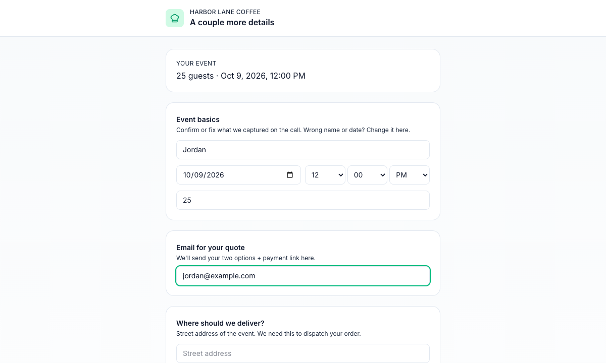 The catering follow-up form a caller opens from a text in Mays, for a test café, showing a 25-guest event on October 9, 2026 at noon, the caller's name, date and guest count, an Email for your quote field filled in, and the start of the delivery address section