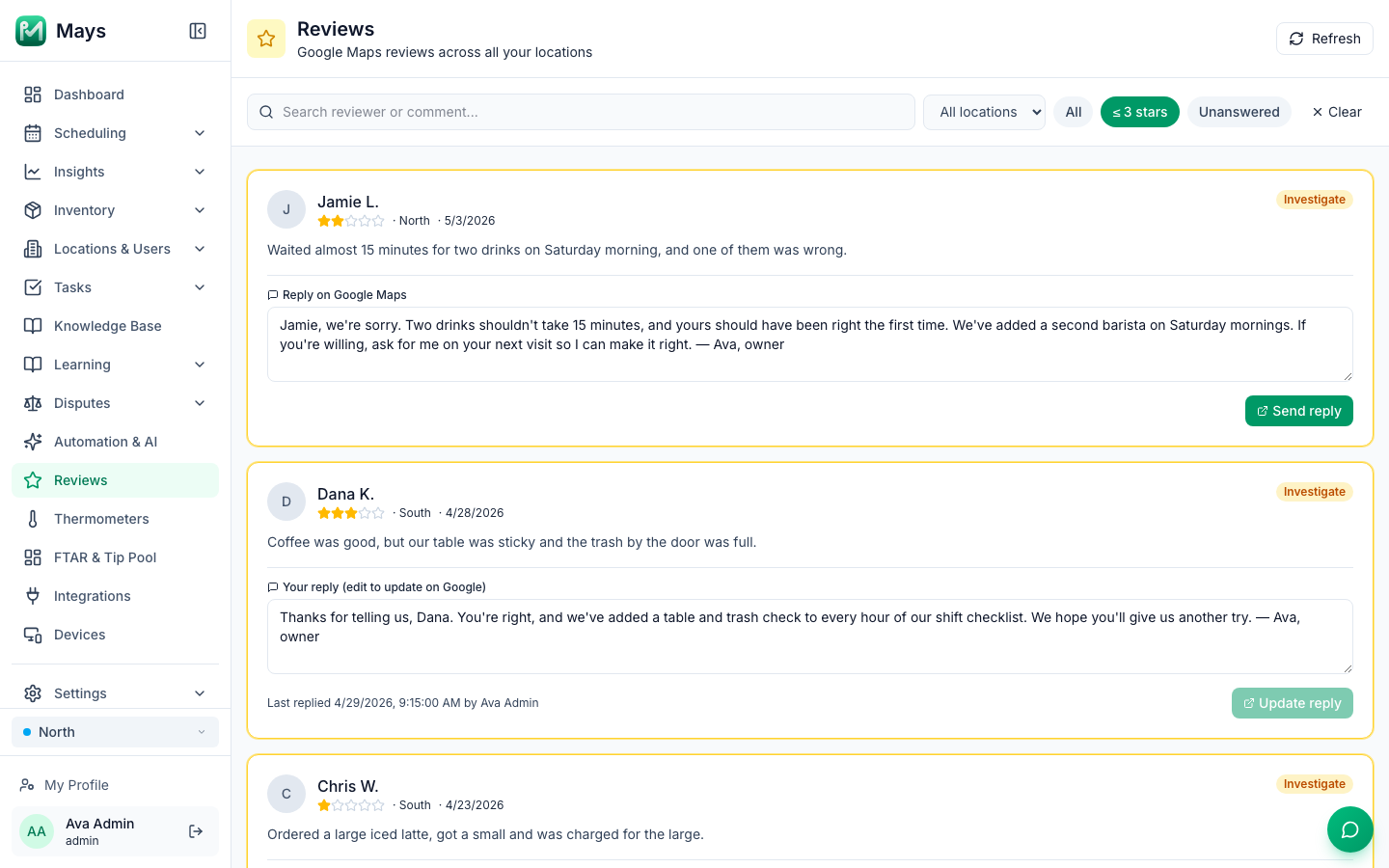 The Reviews page in Mays filtered to 3 stars or below, with sample reviews from a test account, a draft reply to a 2-star review and a posted reply to a 3-star review