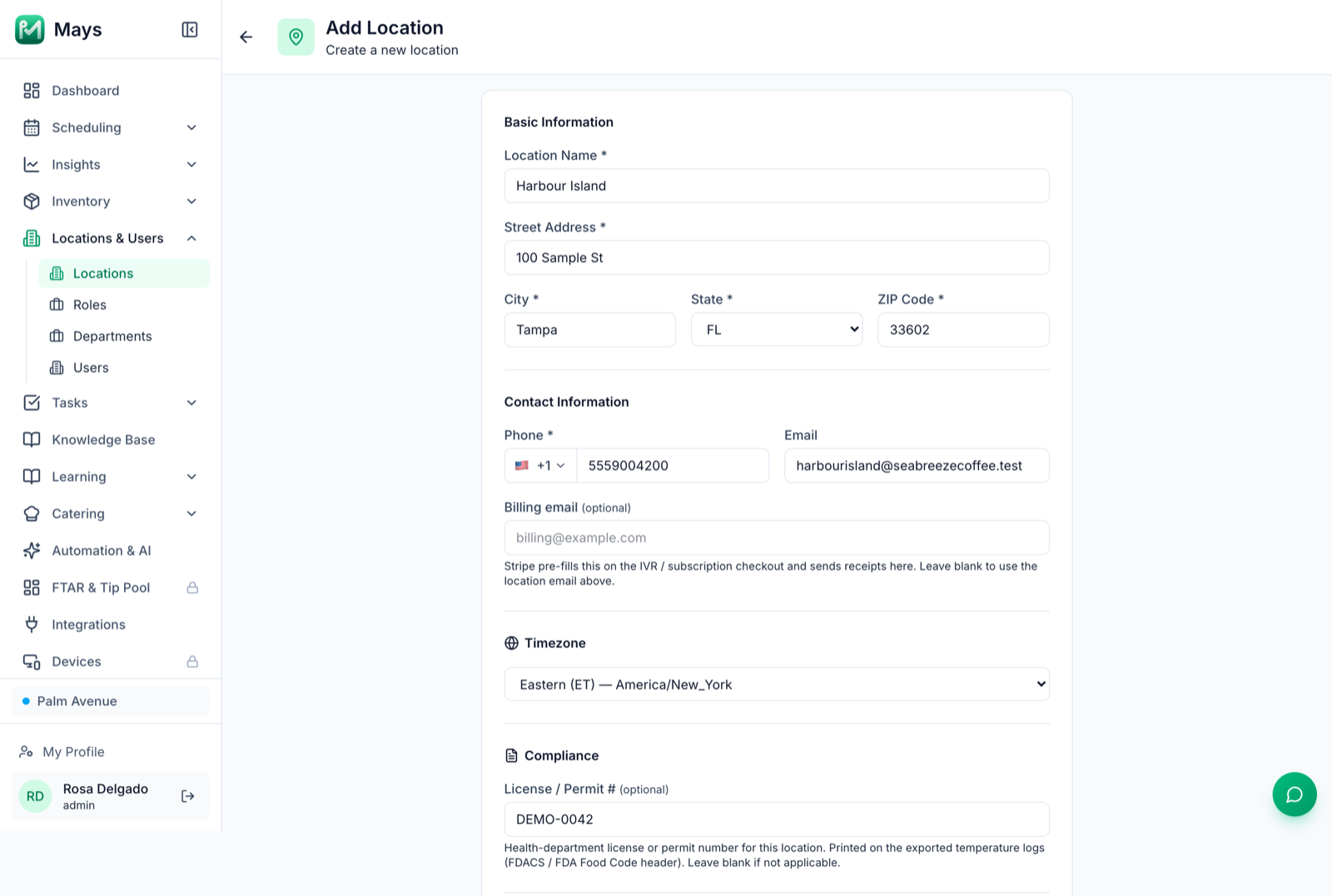 The Add Location form in Mays for a new Tampa café, Harbour Island, with its address, phone, Eastern time zone and a License / Permit number in the Compliance section, which Mays prints on exported temperature logs
