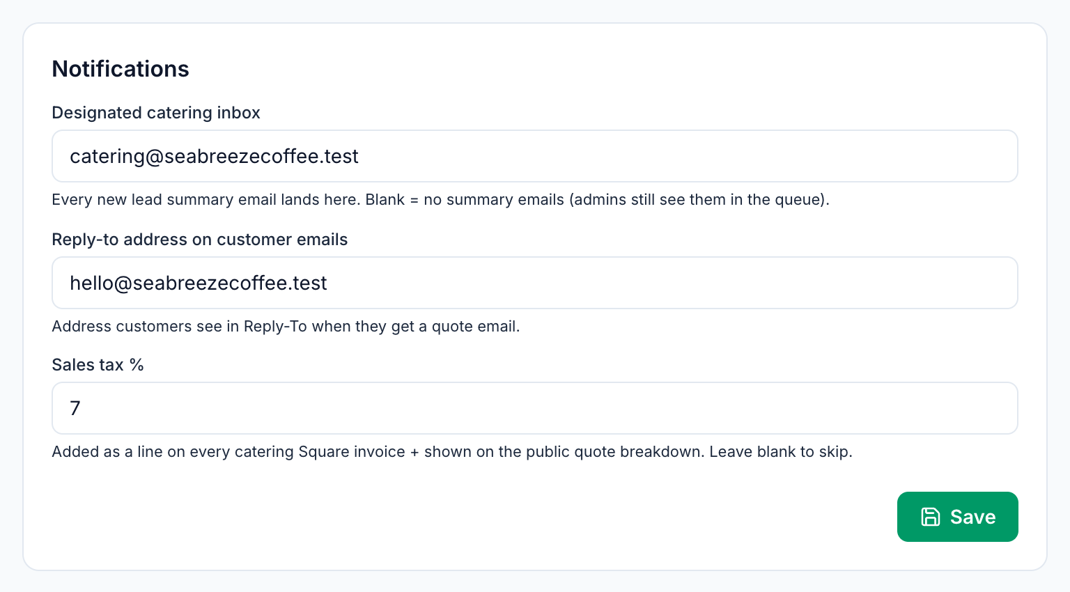 The Notifications card of Catering Settings in Mays, with a catering inbox and reply-to address for a test café and Sales tax % set to 7, which Mays adds as a line on every catering invoice and quote