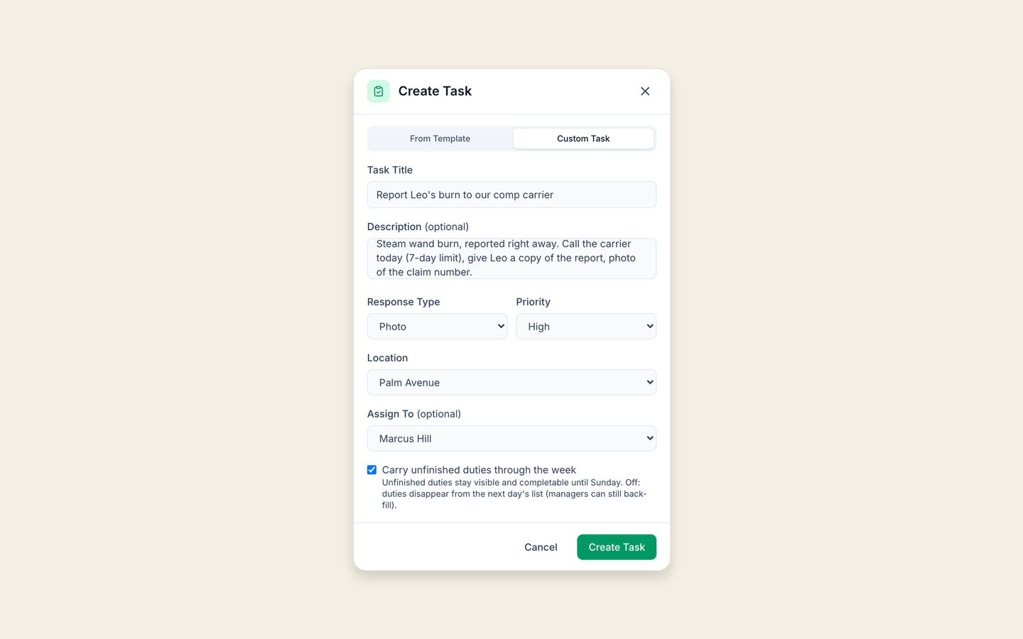 The Create Task window in Mays with a high-priority photo task for a manager, Report Leo's burn to our comp carrier, with a note to call the carrier today because of the 7-day limit and give the employee a copy of the report