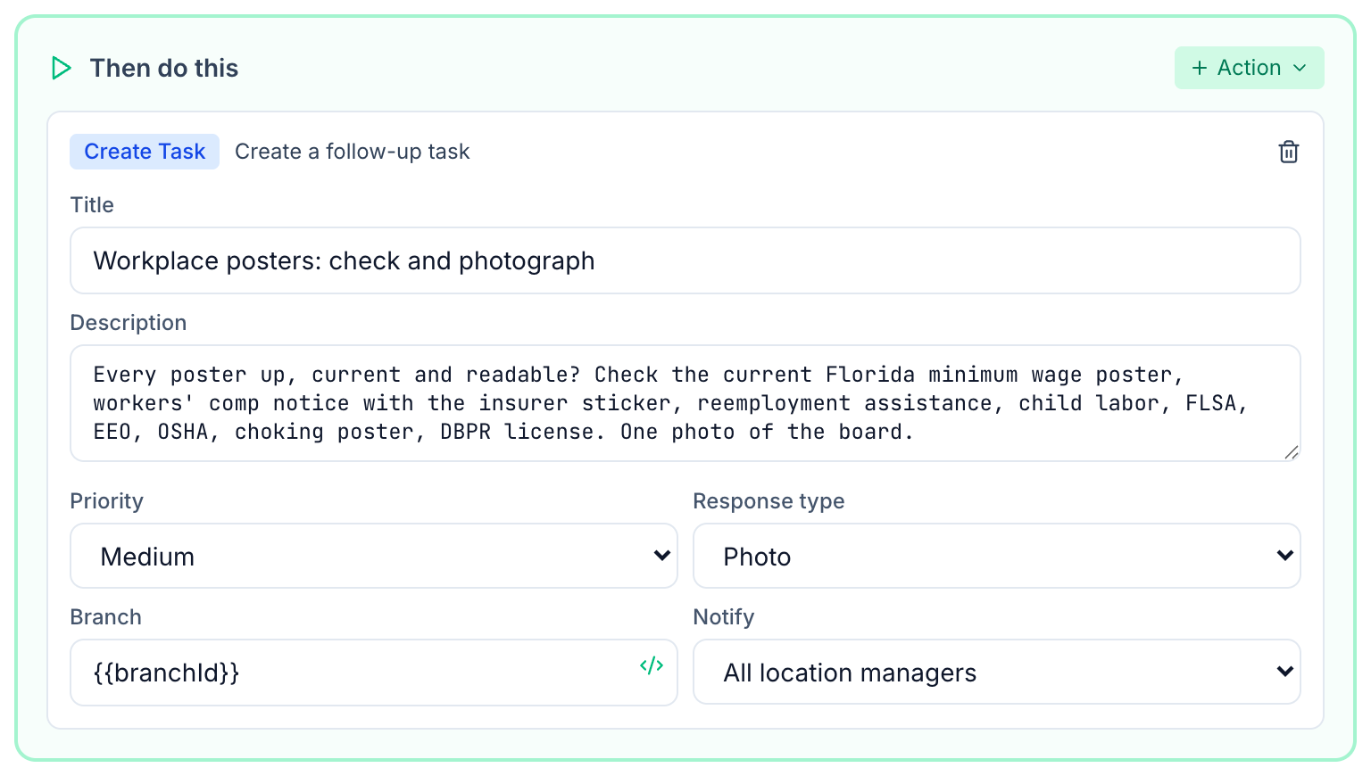 A Create Task action in a Mays automation rule, titled Workplace posters check and photograph, asking for one photo of the poster board and listing the Florida and federal posters to check, sent to all location managers