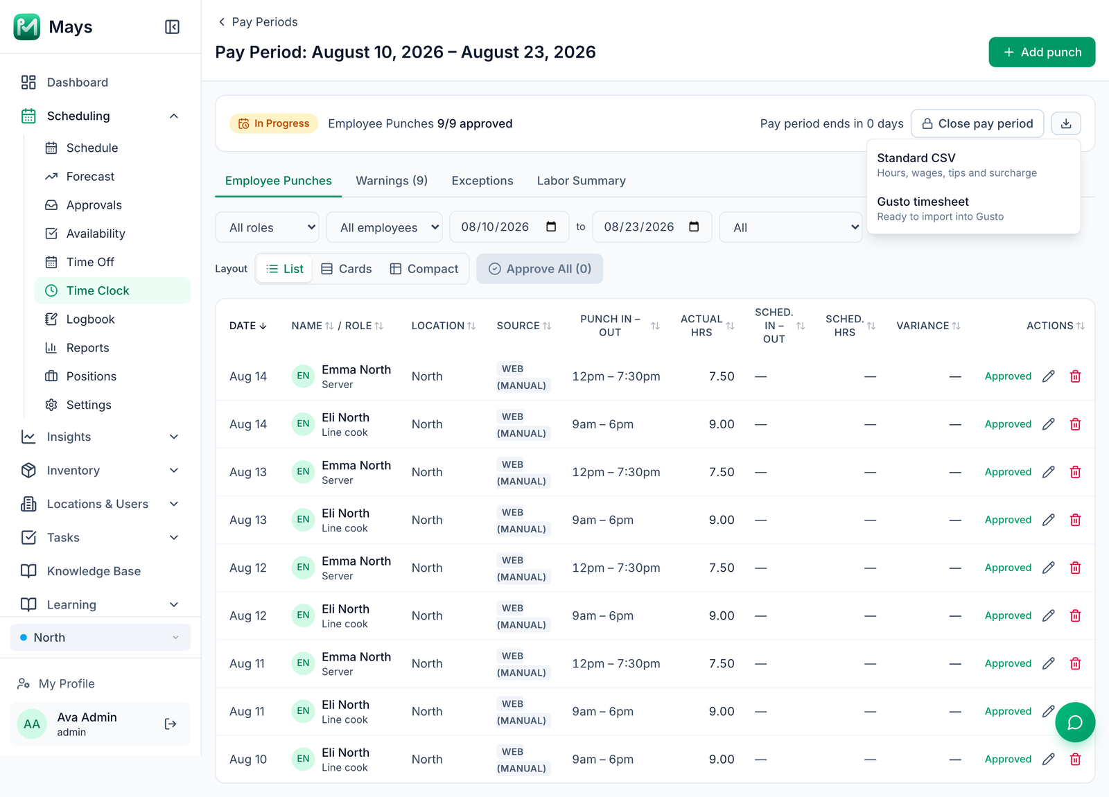 A pay period's punches in Mays for a line cook and a server, with the Export menu open: a standard CSV with hours, wages, tips and surcharge, or a timesheet ready to import into Gusto