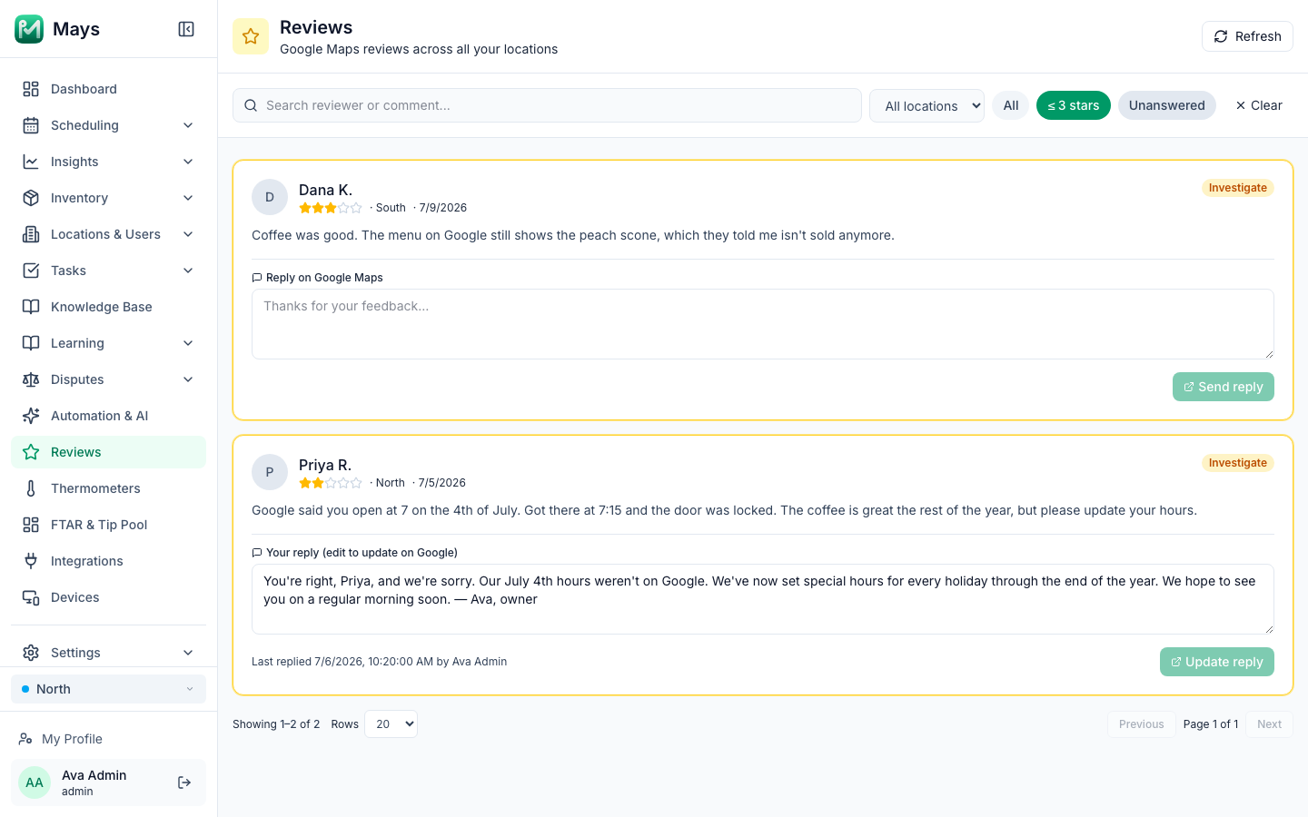 The Reviews page in Mays filtered to 3 stars or below, with two sample reviews from a test account, a 2-star review about July 4th hours that were wrong on Google with the owner's posted reply, and an unanswered 3-star review about an outdated menu on Google