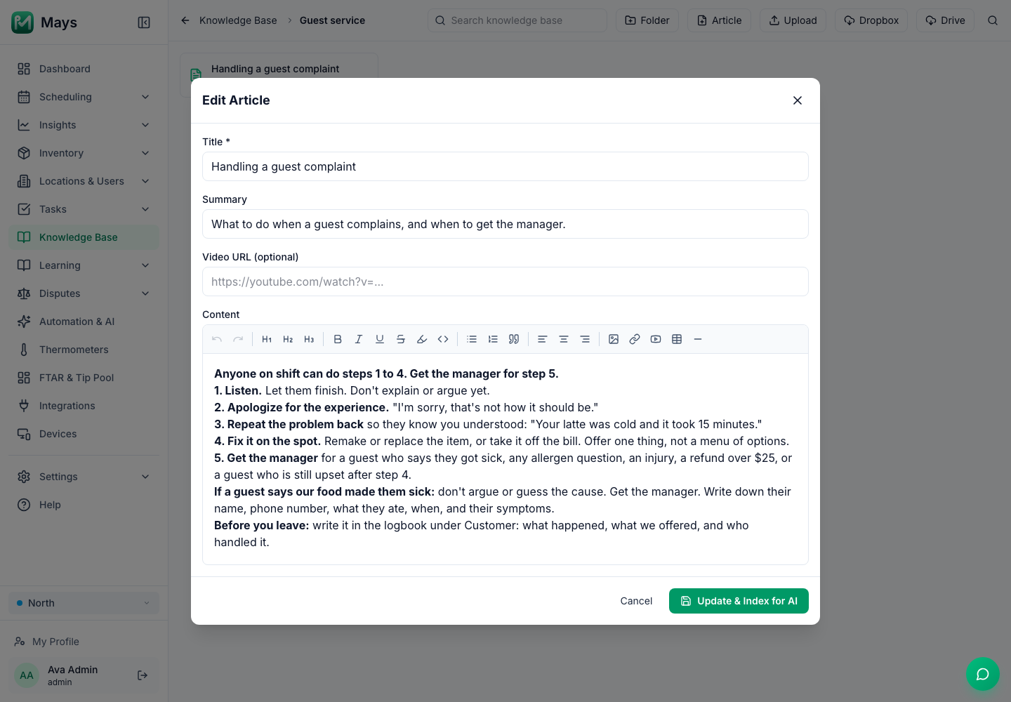 A Knowledge Base article in Mays titled "Handling a guest complaint", open in the editor, with five numbered steps (listen, apologize, repeat the problem back, fix it on the spot, get the manager), what to do if a guest says they got sick, and a reminder to log it