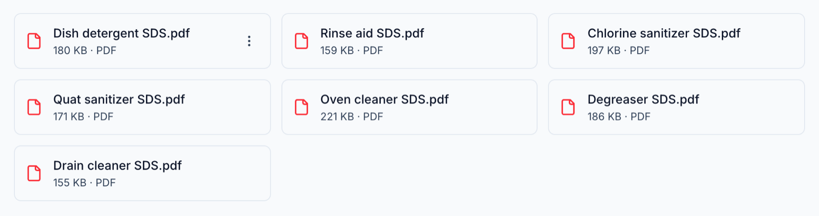 Seven safety data sheets uploaded as PDFs to a folder in the Mays knowledge base - dish detergent, rinse aid, chlorine sanitizer, quat sanitizer, oven cleaner, degreaser and drain cleaner - each with its file size