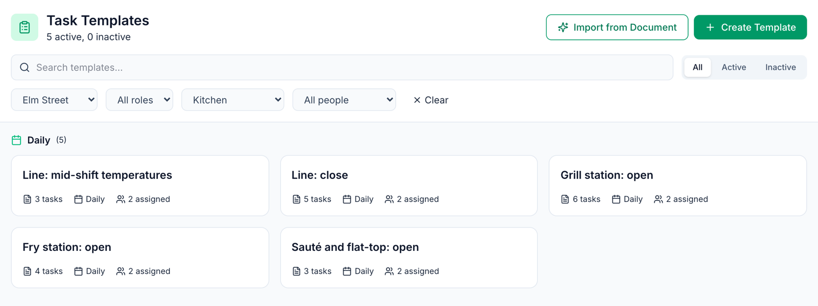 The Task Templates page in Mays filtered to the Kitchen department, with five daily templates for the line - grill station open, fry station open, sauté and flat-top open, mid-shift temperatures and line close - each with its number of tasks