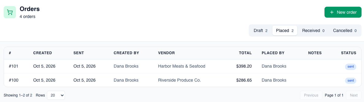 The Orders page in Mays with two purchase orders sent on October 5, 2026, one to a meat and seafood supplier and one to a produce company, each with who placed it and its total