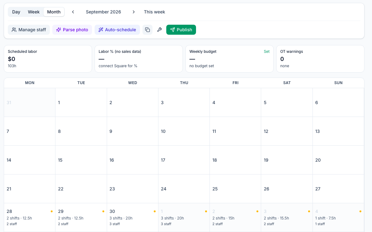 The Month view of the Mays schedule for a Los Angeles location in September 2026, with the shifts, hours and staff of each day in the week of September 28, 2026, under the scheduled labor and weekly budget cards