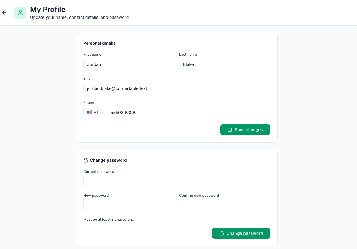 The My Profile page in Mays for an admin, with the personal details, the phone number and the change-password form