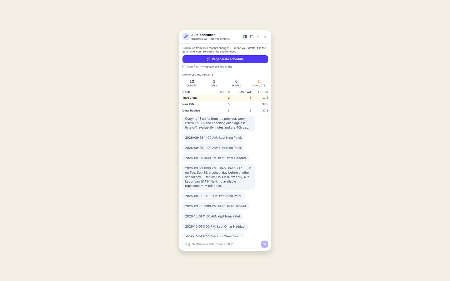 The Mays auto-scheduler panel for an Albany location after it continued a week from drafts: a 17-year-old's school-night shift left open because it would break New York's 4-hour limit on a day before another school day, and every other shift kept