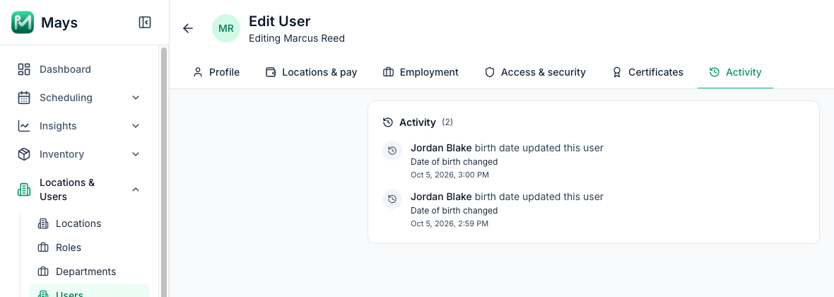 The Activity tab of a 16-year-old team member at a Charlotte location in Mays: two changes to his date of birth on October 5, 2026, each logged with who made it and when