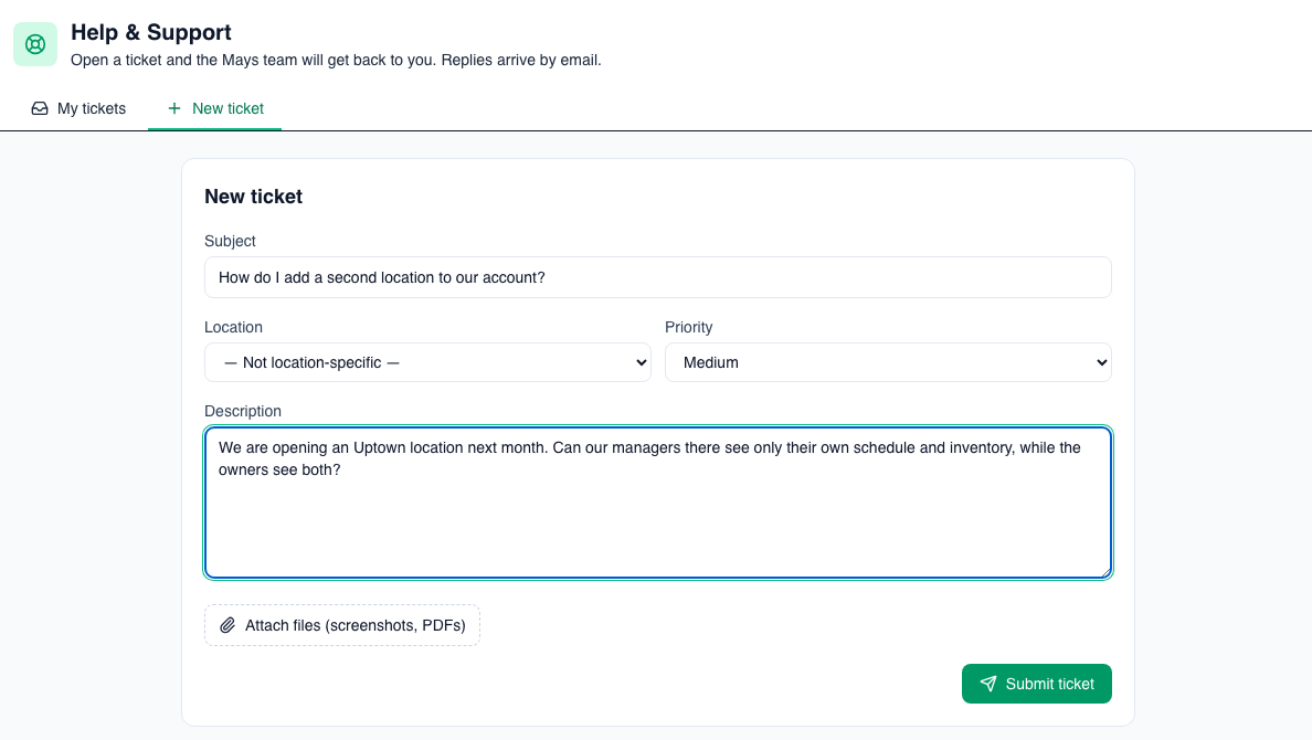 The Help & Support page in Mays with a new ticket being written: a subject, the location and priority, and a description asking how managers at a second location see only their own schedule and inventory