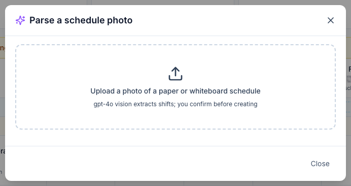 The Parse a schedule photo window in Mays, ready for a photo of a paper or whiteboard schedule, whose shifts Mays reads and shows for you to confirm before it creates them