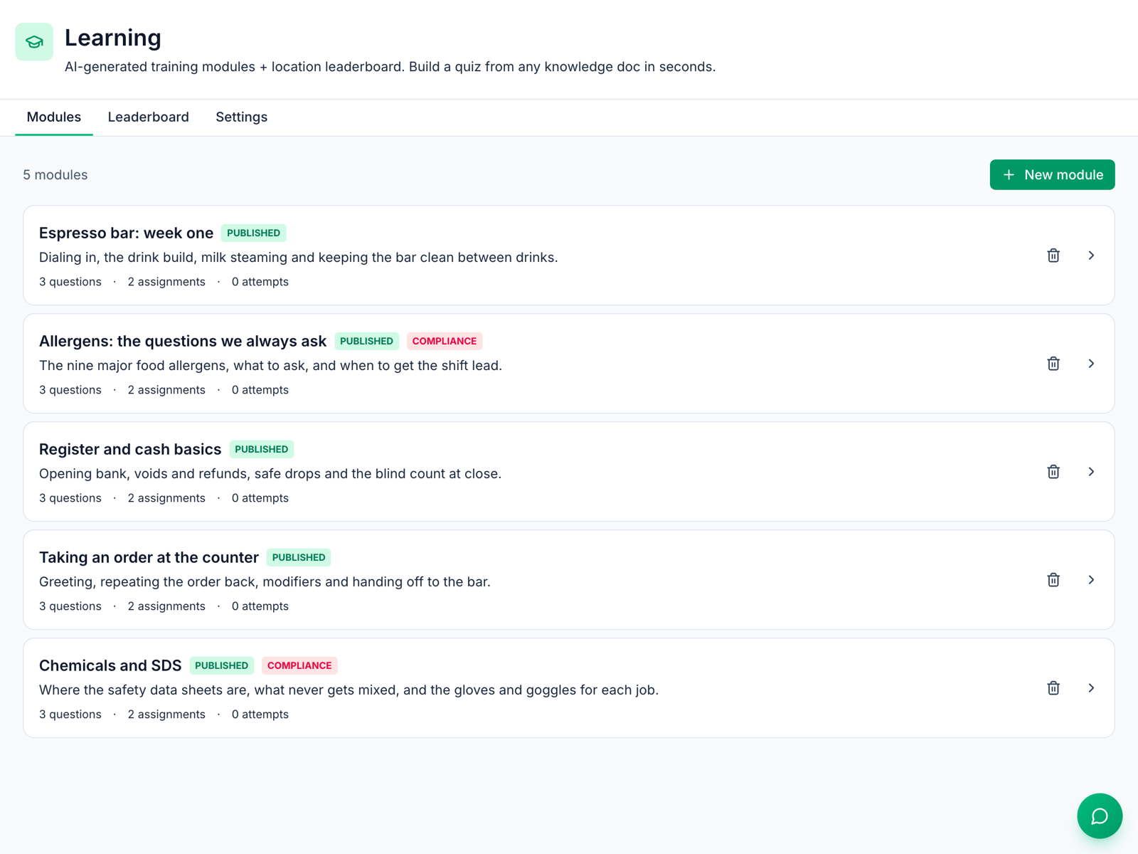 The Learning modules page in Mays with five published training modules for a café team, including "Allergens - the questions we always ask" and "Chemicals and SDS" marked Compliance, "Register and cash basics" and "Taking an order at the counter", each with its questions and assignments