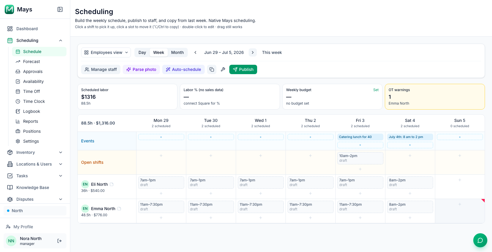 The North location's draft schedule in Mays for June 29 to July 5, 2026, with a catering lunch on Friday and a short July 4th day in the Events row, an open shift for the catering day, and an overtime warning for Emma at 48.5 hours