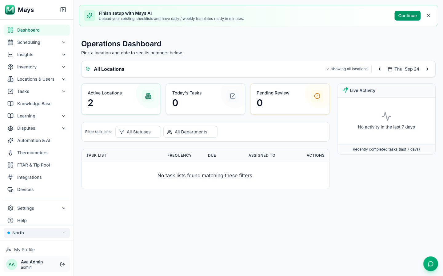 The Mays operations dashboard, with one sidebar for scheduling, insights, inventory, tasks, knowledge base, learning, thermometers, tip pool and integrations
