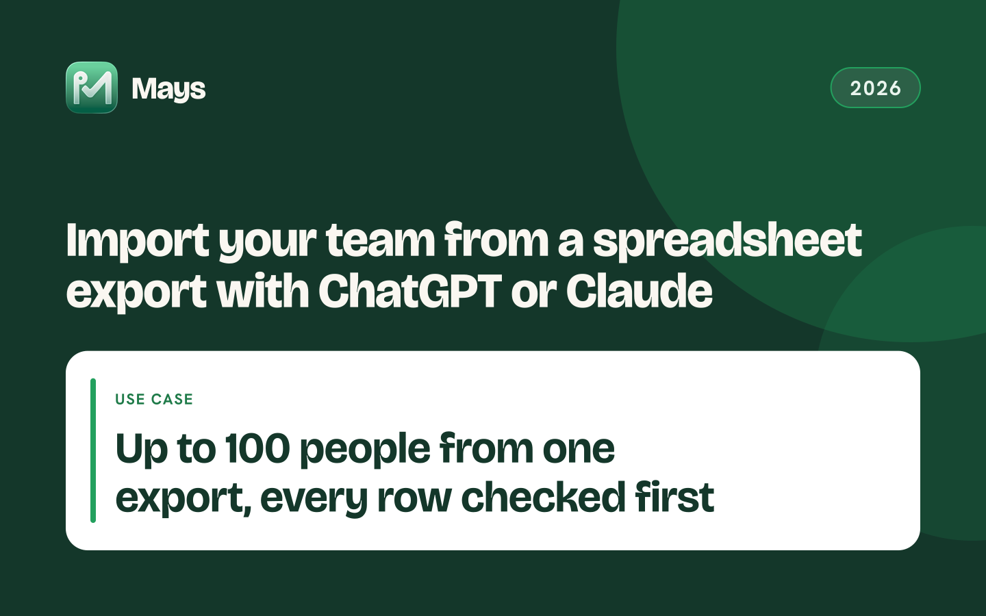 Mays cover card: Import your team from a spreadsheet export with ChatGPT or Claude — Up to 100 people from one export, every row checked first
