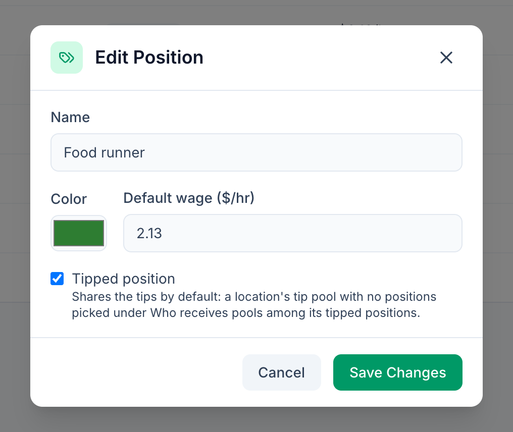 The Edit position dialog in Mays for a food runner, with a default wage of $2.13 an hour and Tipped position ticked, so the position shares in the tip pool by default