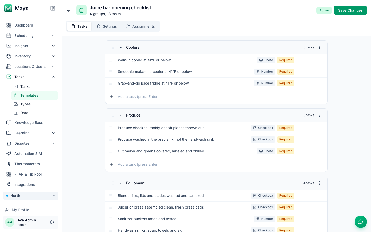 The Juice bar opening checklist in the Mays template editor, with Coolers, Produce and Equipment groups and a Photo, Number or Checkbox answer on every task