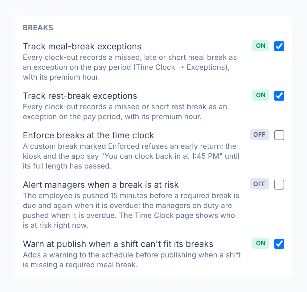 The Breaks settings on a Los Angeles location's Labor & compliance card in Mays after choosing California break rules: missed meal and rest breaks tracked as exceptions, and a warning before publishing a shift that can't fit its breaks