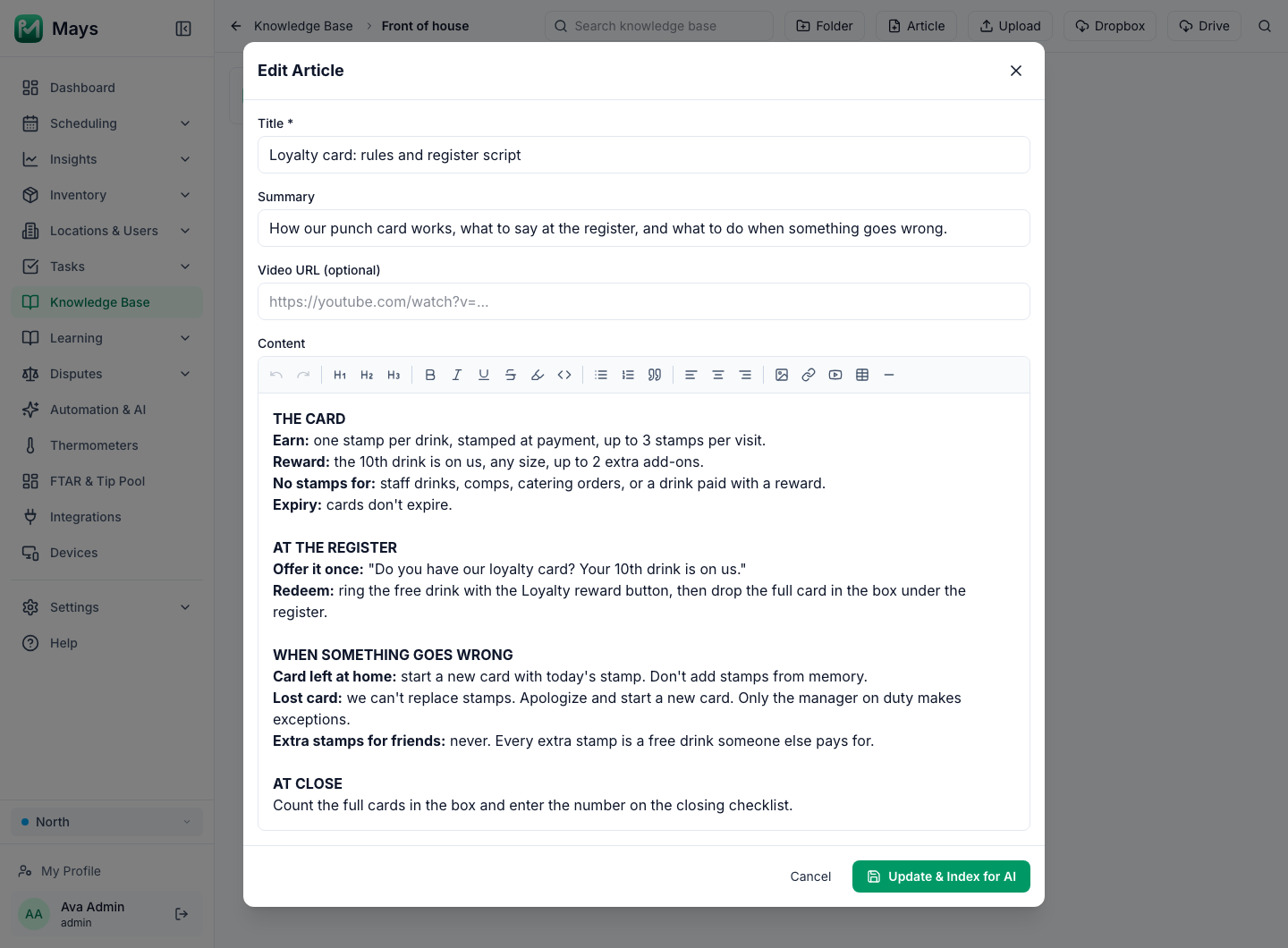 A Knowledge Base article open in the Mays editor, "Loyalty card: rules and register script", with the earning rules, the reward, what to say at the register, what to do about a lost card and the count at close