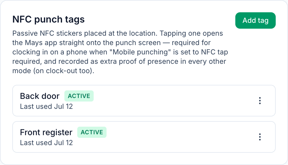 The NFC punch tags card of a Silver Spring location in Mays: two active tags, at the back door and the front register, that open the punch screen when an employee taps one with their phone
