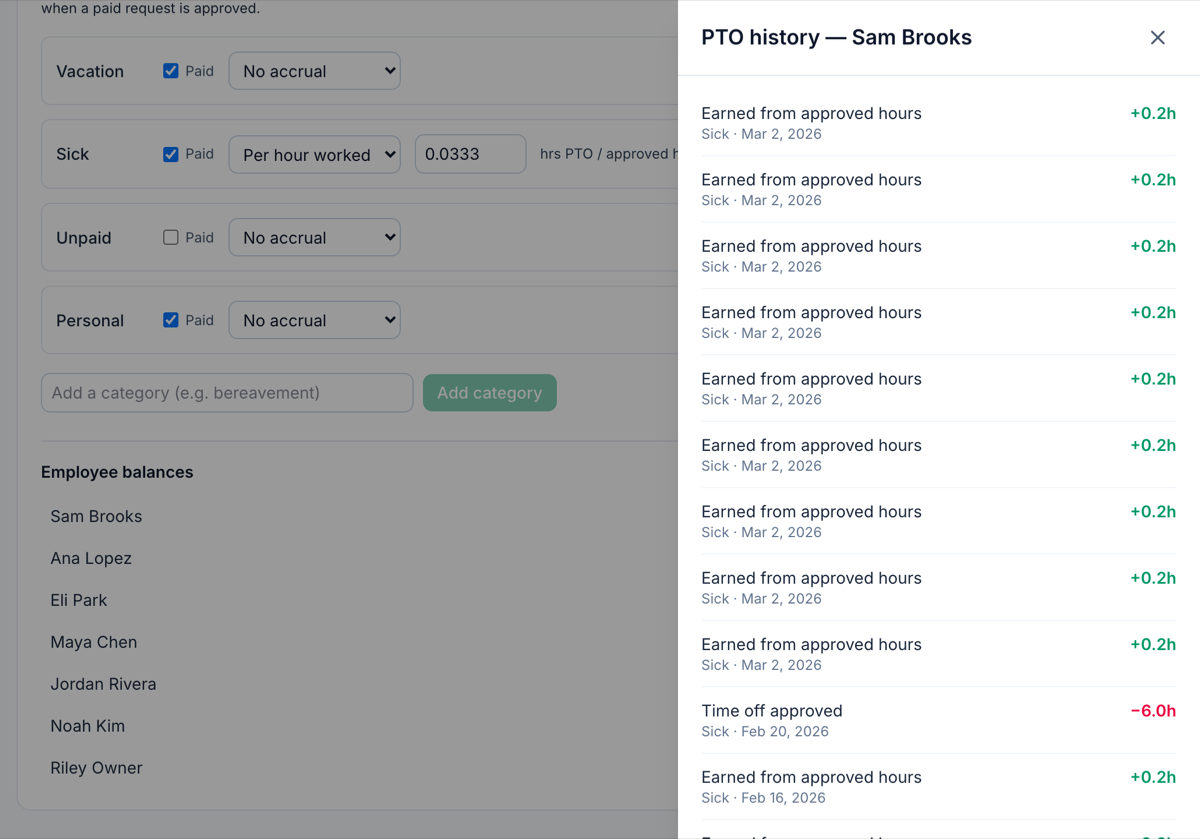 The PTO history for a server in Mays, opened from Employee balances with the Sick category set to accrue per hour worked: sick time earned from approved hours as each pay period was approved, and a sick day approved on February 20, 2026