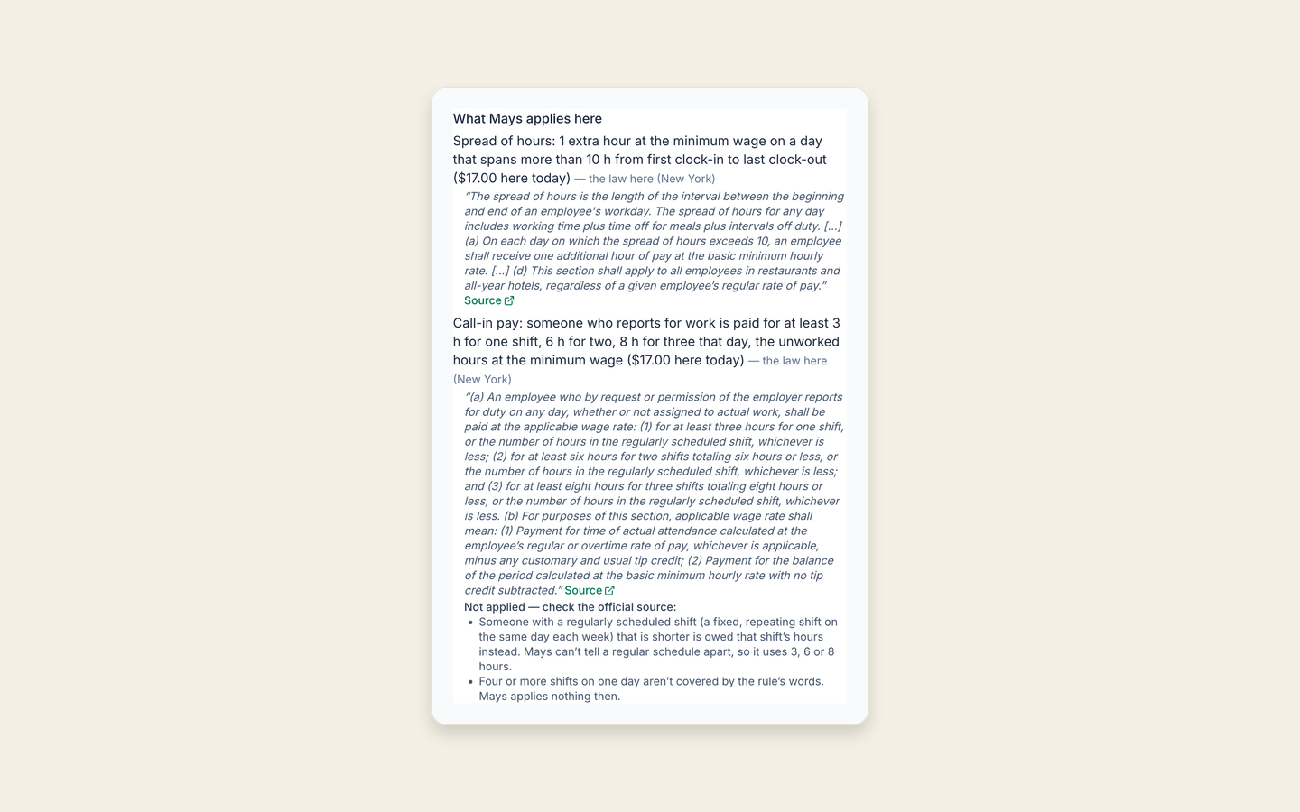 What Mays applies at a Brooklyn location from New York's Hospitality Wage Order: an extra hour at the $17.00 minimum wage on a day that spans more than 10 hours, and call-in pay for at least three, six or eight hours, each with the rule's own words and the conditions Mays can't check