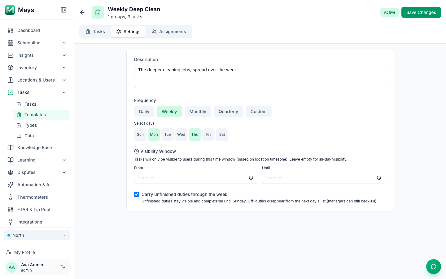 The Weekly Deep Clean checklist's settings in Mays, scheduled weekly on Monday and Thursday, with "Carry unfinished duties through the week" turned on
