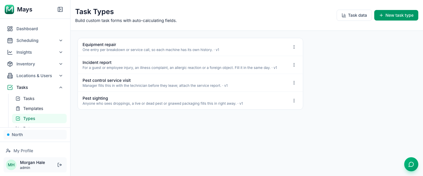 The Task Types page in Mays listing four custom forms, Pest sighting and Pest control service visit among them, each with its description and version