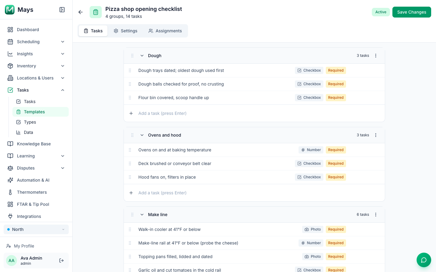 The Pizza shop opening checklist in the Mays template editor, with Dough, Ovens and hood and Make line groups and a Photo, Number or Checkbox answer on every task