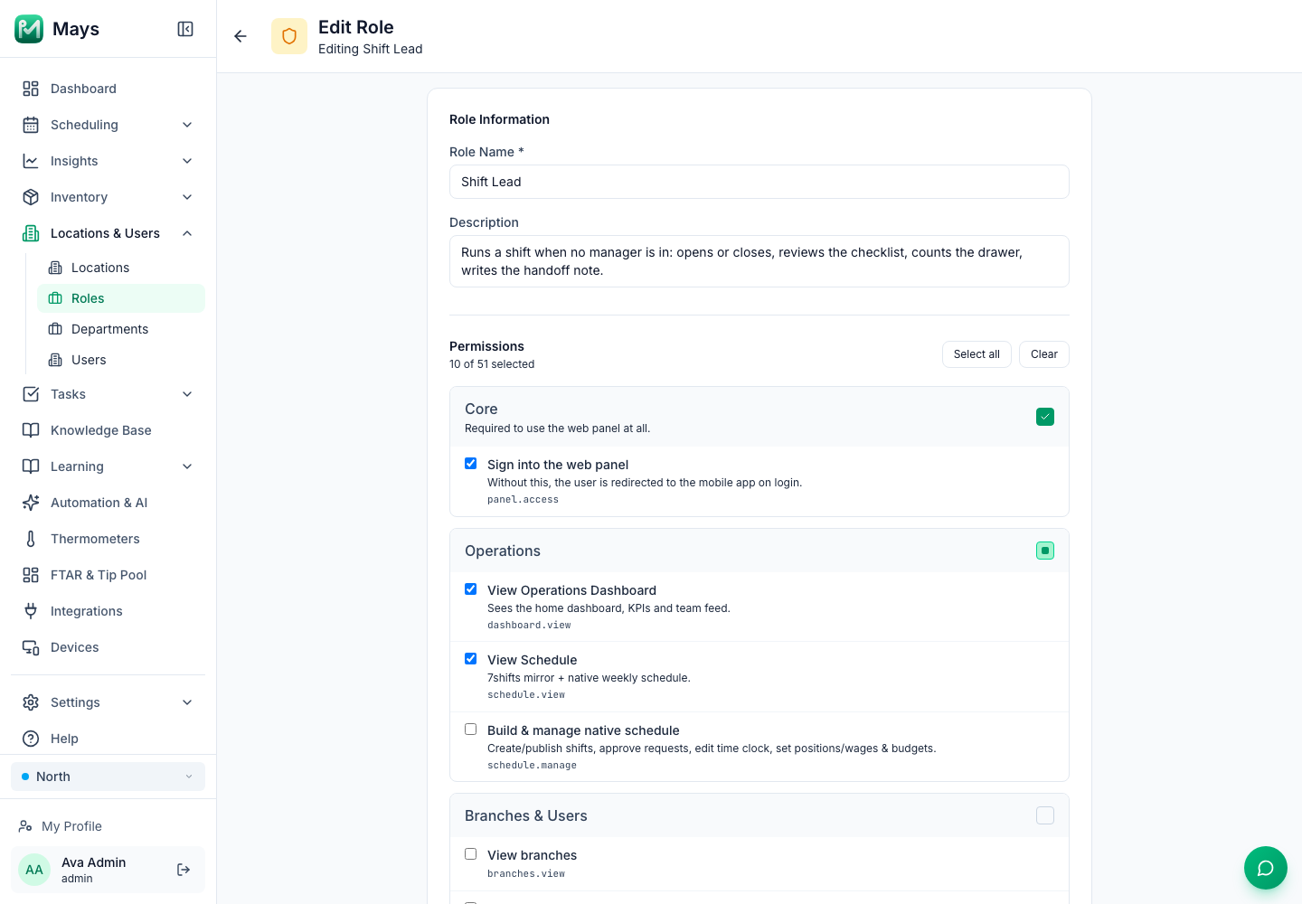 A custom Shift Lead role being edited in Mays, with 10 of 51 permissions selected, Sign into the web panel, View Operations Dashboard and View Schedule ticked, and Build & manage native schedule and the Branches & Users permissions left unticked