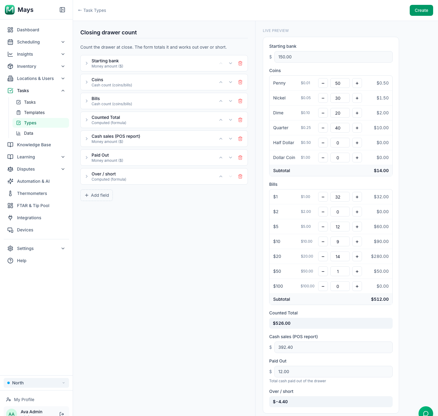 A custom Closing drawer count form in the Mays task type builder, with a starting bank, coin and bill counts that total themselves, cash sales from the POS report, a paid-out and an Over / short line showing $-4.40 in the live preview