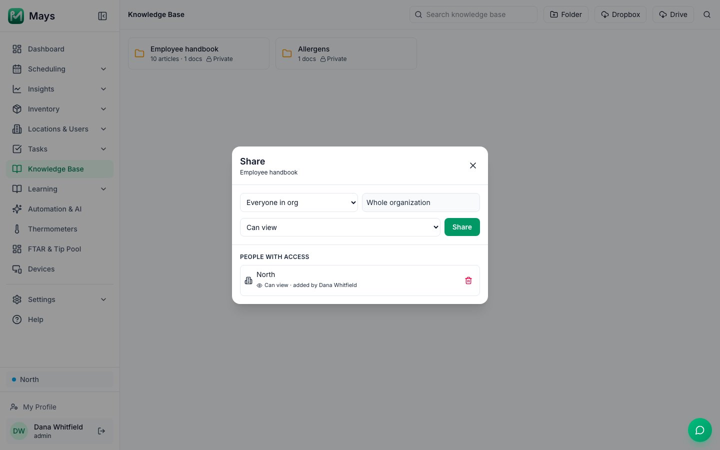 The Share window for the Employee handbook folder in the Mays knowledge base, with everyone at the North location able to view it under People with access, and the options to share it with more people