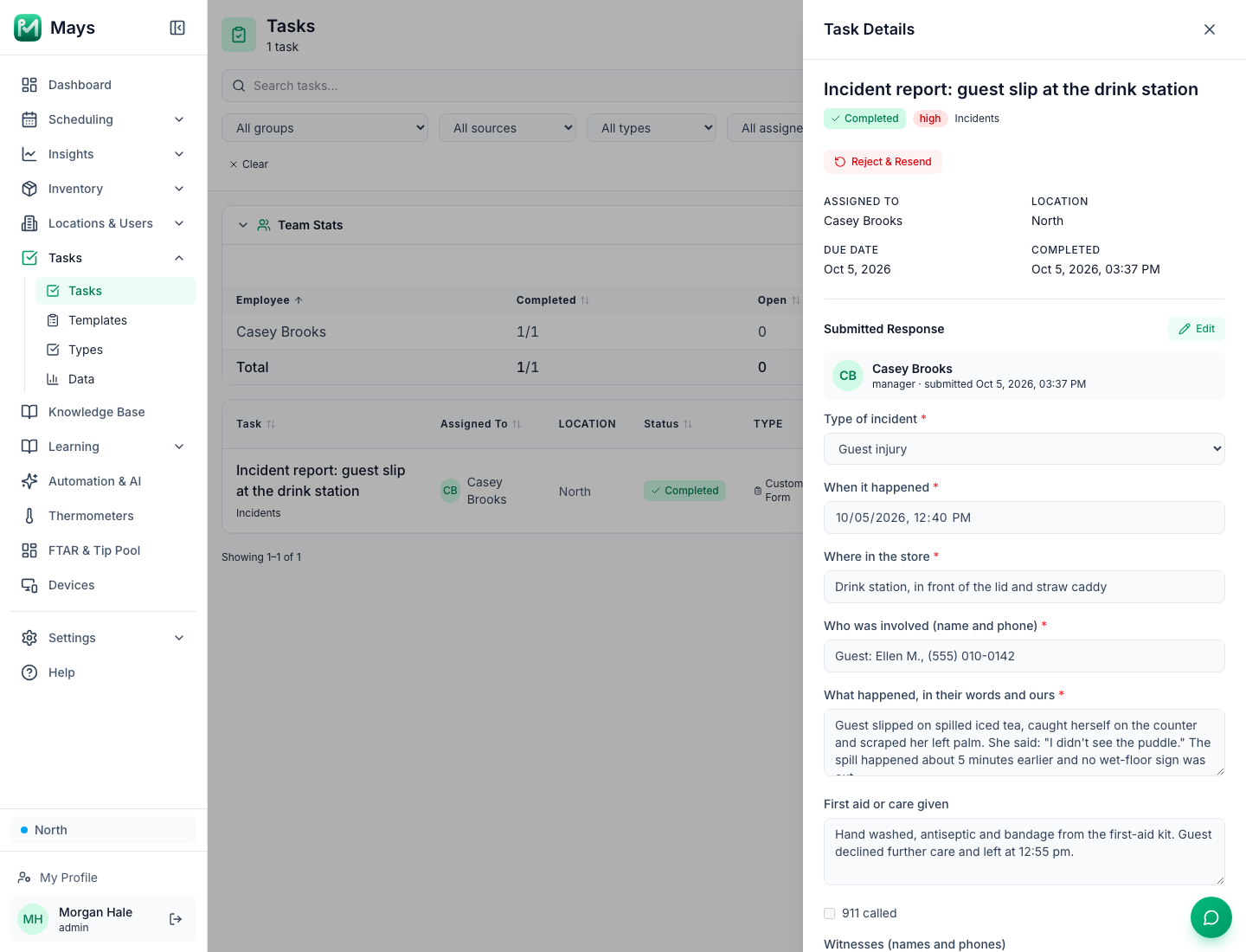 A submitted incident report in Mays, open in the Task Details panel: a high-priority guest injury at the drink station on October 5, 2026, completed by the manager Casey Brooks, with where it happened, who was involved, what happened in their words and the first aid given