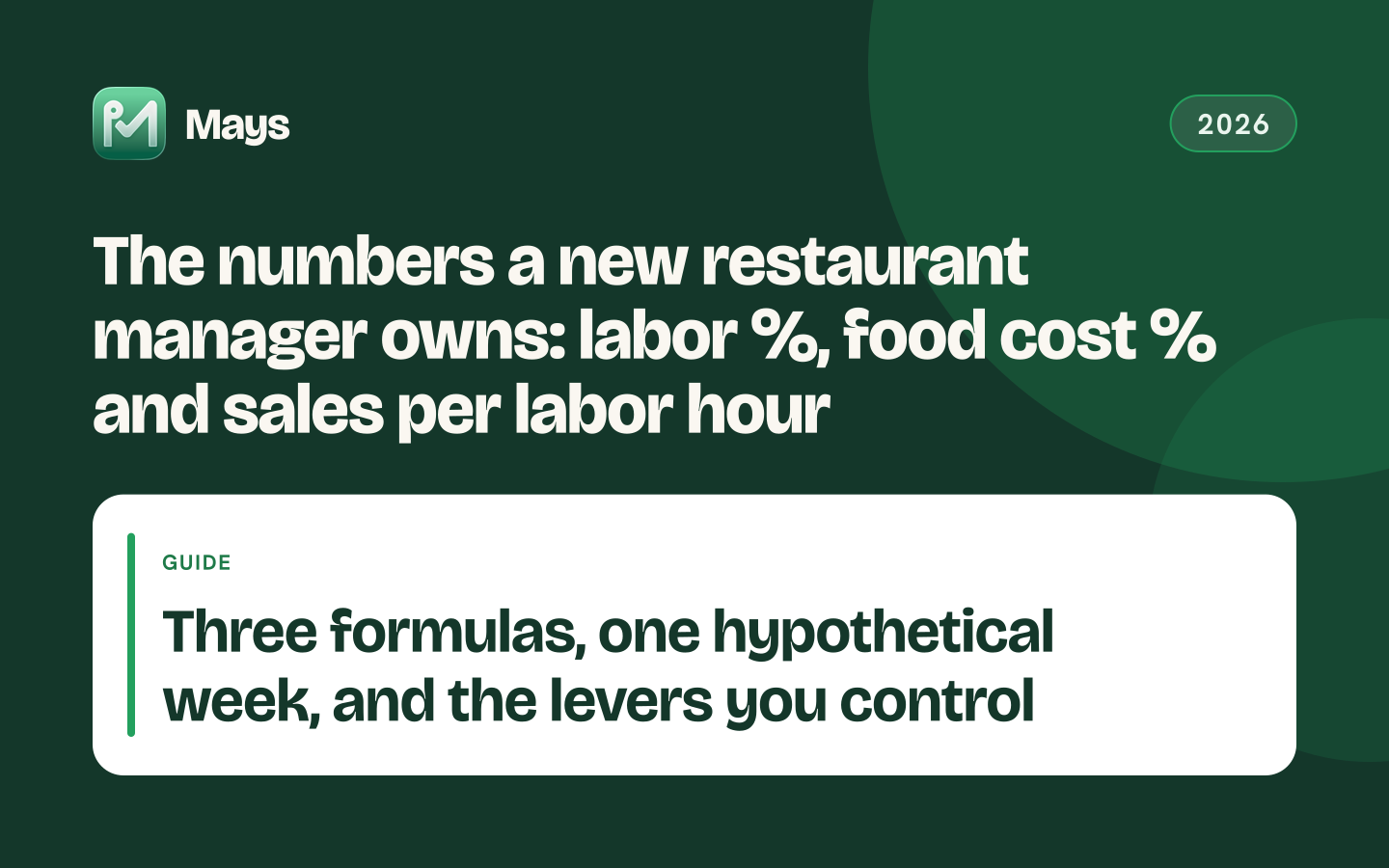 Mays cover card: The numbers a new restaurant manager owns: labor %, food cost % and sales per labor hour — Three formulas, one hypothetical week, and the levers you control